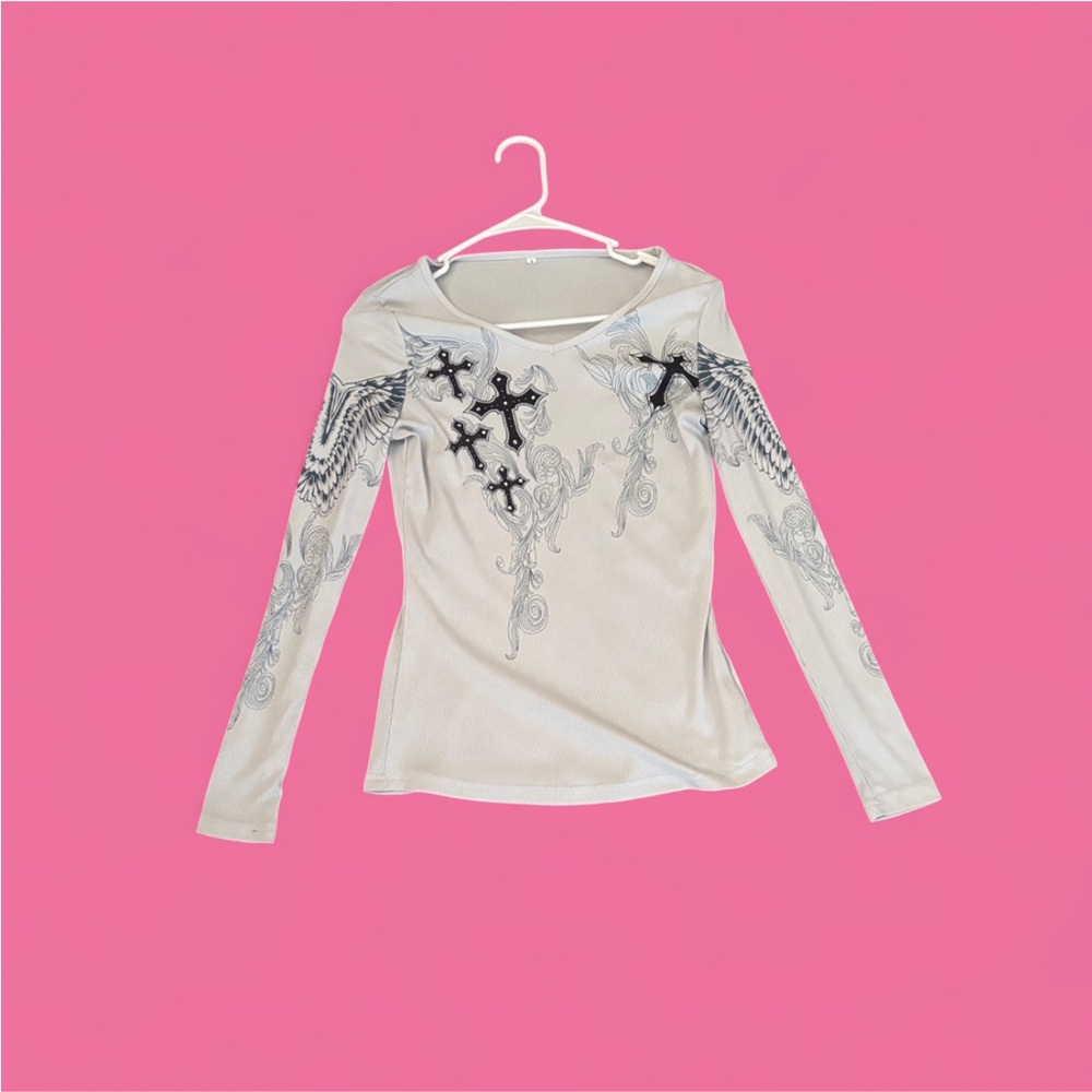 Amazon Gray Long Sleeve Blouse with Cross Design